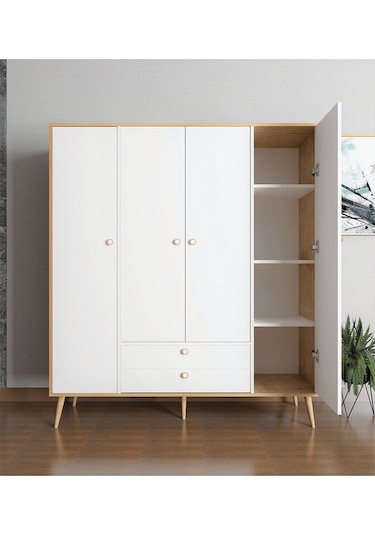 Floradesign Tema Elbise Dolabı 4 Kapaklı Çekmeceli Dolap Gardırop /beyaz Meşe