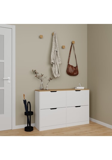 İsan Düşer Kapak 4 Bölmeli Ayakkabılık Beyaz-ceviz 120 Cm Ceviz - Beyaz