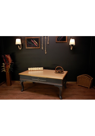 Wooding 120 Cm Masif Naturel Antrasit Oymalı Orta Sehpa