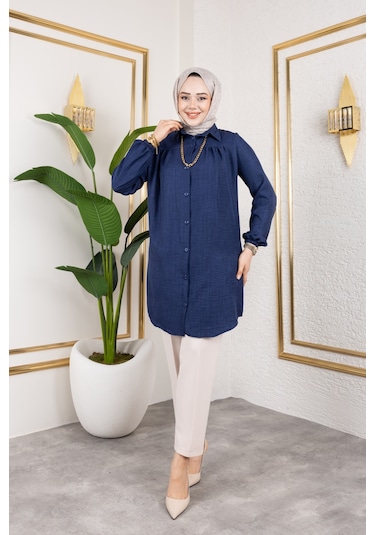 Önü Büzgülü Bilek Lastikli Tunik - Lacivert / Ü104 Lacivert
