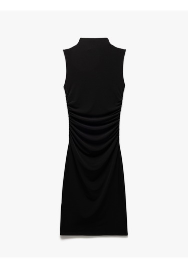 Koton Hafif Dik Yaka Kolsuz Drapeli Slim Fit Midi Kalem Elbise Siyah 5sak80023ek