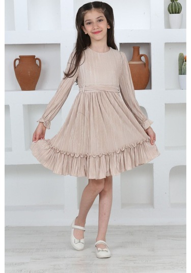 Kız Çocuk Örme Saten Çanta Detaylı Pliseli Astarlı Elbise Bej