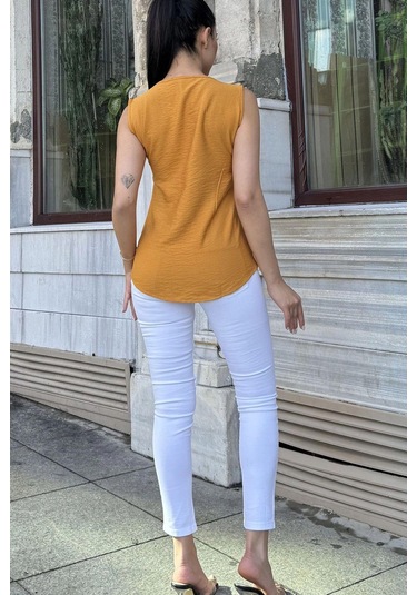 WeShaya Kadın Hardal Kalın Askılı, Kare Yaka, Salaş Keten Bluz HARDAL