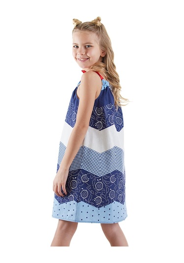 Denokids Lacivert Beyaz Desenli Poplin Kız Çocuk Elbise Renkli Çok Renkli