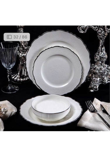 Massimo Victoria Relief Platin 24 Parça Yemek Takımı Beyaz
