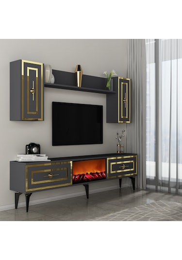Violla Şömineli Tv Ünitesi Takımı Antrasit-altın