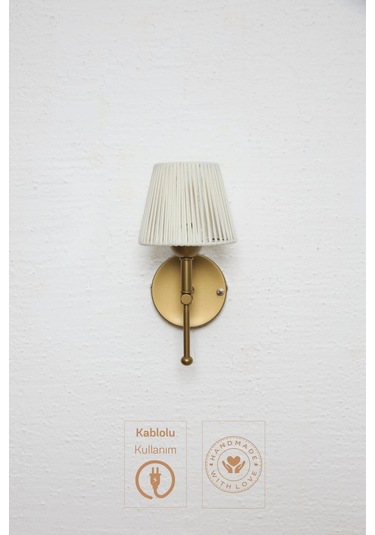 Beyaz Deri Tasarım Kablolu Duvar Aydınlatması Aplik - Alt Eskitme Gold Beyaz