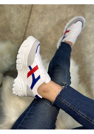 Günlük Kadın Sneaker Kalın Yüksek Taban Bağcıklı Rahat Tiger Şeritli Spor Ayakkabı 032 10-taş Saks Mavi Kırmızı