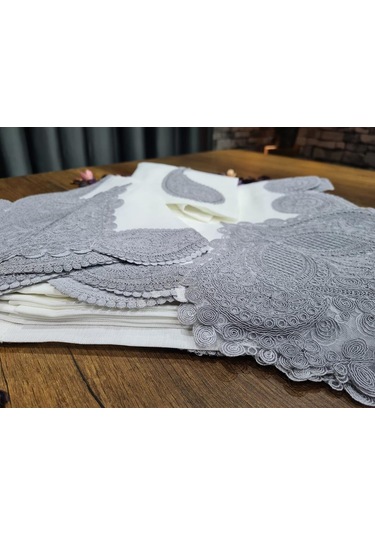 26 Parça Keten Zambak Masa Örtüsü Takımı Krem Gri Krem - Gri