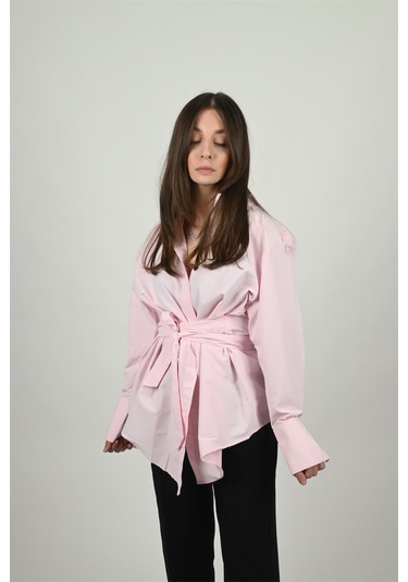 Lemajh Kuşaklı Poplin Pembe Gömlek-pembe Pembe