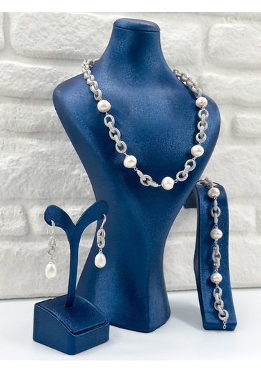 Özel Tasarım İncili 3'lü Kadın Gümüş Set - Kolye Seti Gümüş