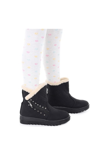 Kiko Kids Hezan Fermuarlı Kız Çocuk Bot Ayakkabı Siyah - Bej Siyah - Bej