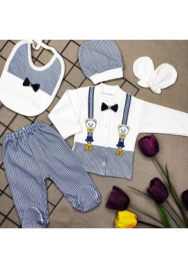 Bombinoo Lacivert Papyonlu Ayıcıklı 5 Parça Lüks Erkek Askı Detaylı Hastane Çıkışı Zıbın Set Lacivert