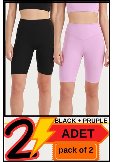 Kadın Yüksek Bel Toparlayıcı Kısa Siyah & Lila Şort Tayt 2'li Paket Lycralı Biker Shorts 21070 Siyah - Lila