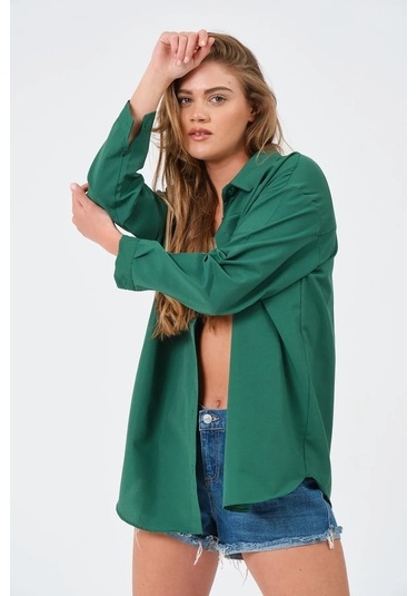 Kadın Koyu Yeşil Oversize Uzun Basic Gömlek Koyu Yeşil
