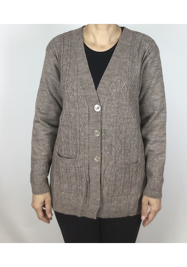 Önü Düğmeli Cepli Yünlü Kısa Anne Hırka Vizon