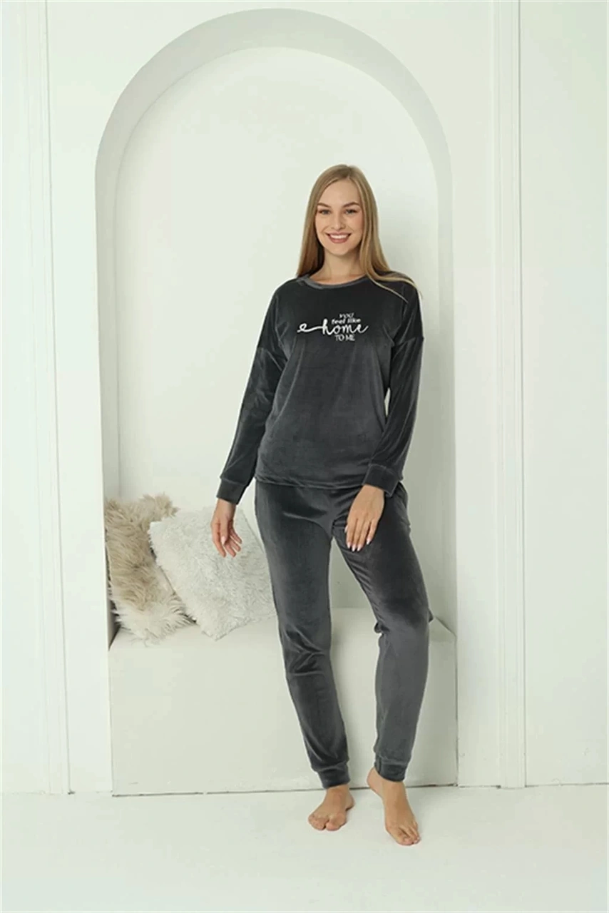 Moda Kadın Kadife Füme Pijama Takım Füme