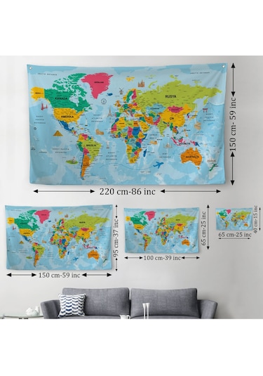 Dünya Haritası Eğitici Ülke Bayraklı Türkçe Harita Çocuk Odası Genç Odası Duvar Örtüsü-halısı 3865