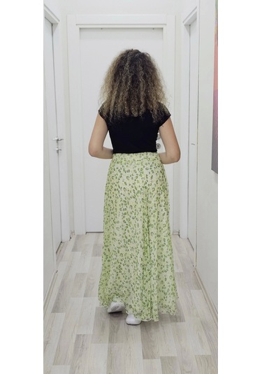 Bel Lastikli Kloş Şifon Etek 6003-Beyaz - Yeşil