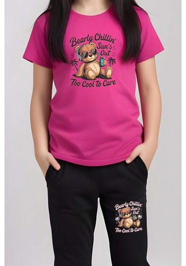 Fyk Kids Kız Çocuk Yuvarlak Yaka Baskılı Bearly Chillin Alt-üst Pijama Takımı Fuşya
