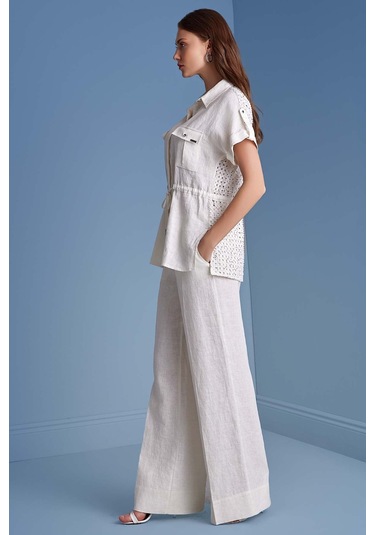 Gömlek Yaka Ekru Keten Gömlek Ekru