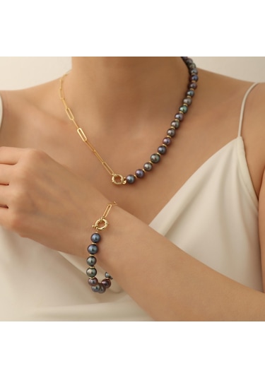 925 Ayar Gümüş Siyah İnci Set-9.00mm