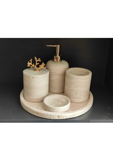 Doğal Taş Traverten 5'li Banyo Seti Gold Mercan Aksesuarlı Beyaz