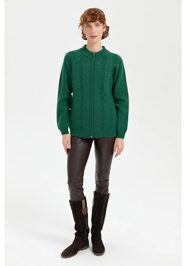 Desen Triko Kadın Dik Yaka Dikişsiz Önü Saç Örgülü Yün Hırka 24268 Ö. Başı Ö. Başı Yeşil