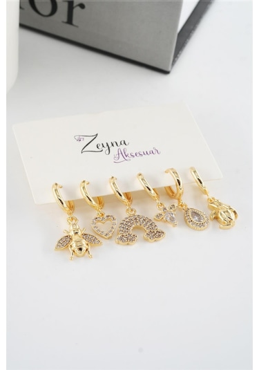 Kadın Vip Seri Zirkon Taşlı Karışık Figürlü 6'lı Küpe Seti Çok Renkli