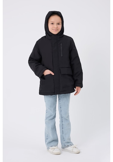 Freemen Kız Çocuk Siyah Kürklü Su Ve Rüzgar Geçirmez Kapüşonlu 3 Kışlık Mont Siyah