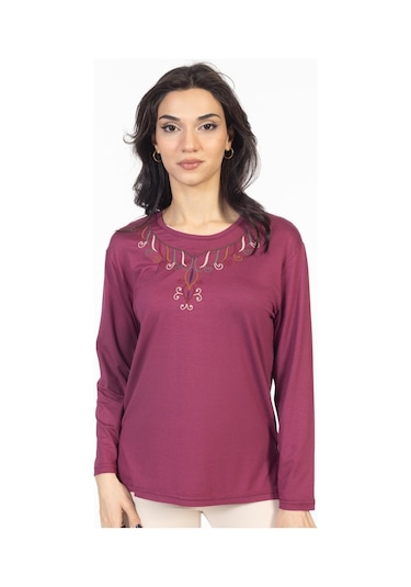 Yeni Model 2024 Nakış İşlemeli Yuvarlak Yaka Likralı Anne Penye Bluz 6450-gül Kurusu