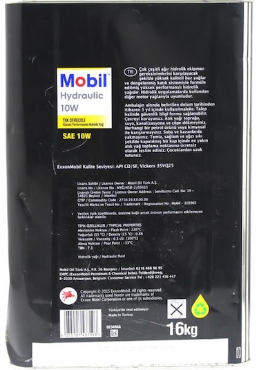 Mobil Hydraulic 10W Tek Dereceli Hidrolik Yağ 16 KG