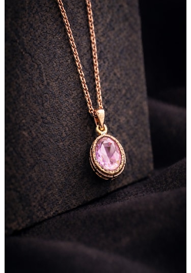 Kadın Bakır Kolye Doğal Açık Pembe Taşlı Minimal Model Kolye Diğer