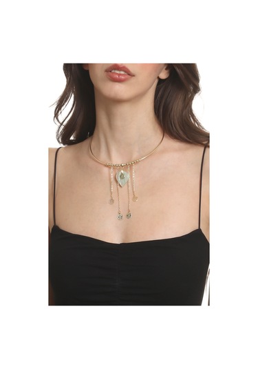 Labalaba Kadın Lak Altın Kaplama Sedef Kalp Charmlı Tel Choker, Tasma Kolye Altın