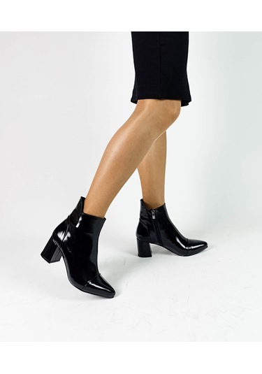 Hakiki Deri Siyah Rugan Fermuarlı Kalın Topuk Kadın Bot Siyah