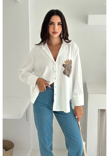 Kral Aslan Desen Baskılı Taşlı Gömlek Beyaz