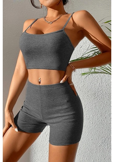 Kadın Antrasit Gri Şortlu Kaşkorse Gecelik Takım Çok Renkli