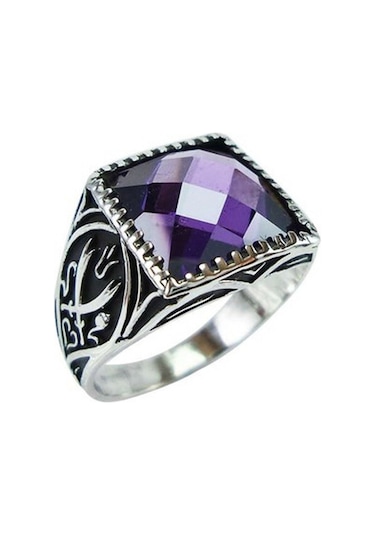 Vog Ametist Taşlı Zülfikarlı 925 Ayar Gümüş Erkek Yüzük