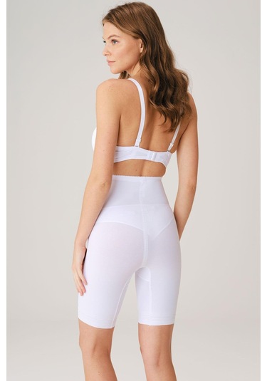 Toparlayıcı Bel Ve Bacak İnceltici Dikişli Uzun Paçalı Orta Bel Sıkı Şort Korse Beyaz