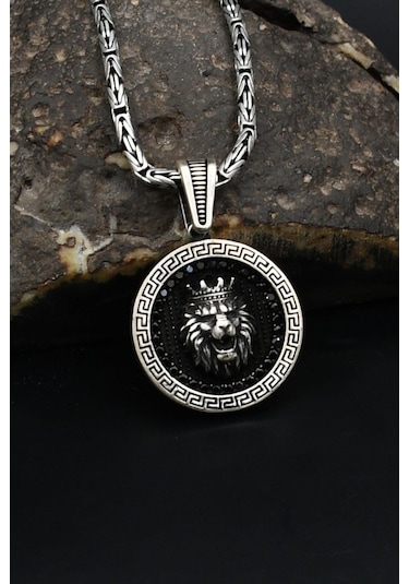 Grek Desenli Kral Taclı Aslan Figürlü 925 Ayar Gümüş Kolye Kral Zincir 2mm 901862