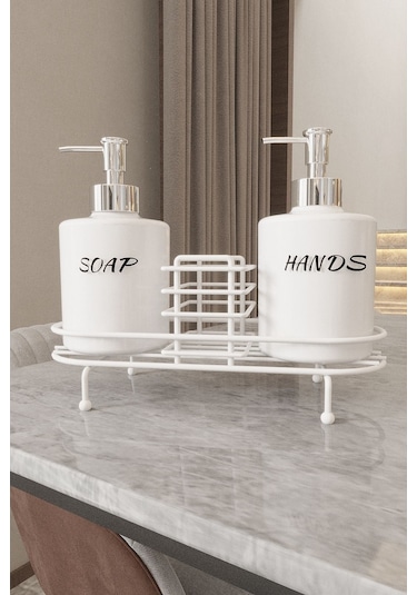 Suntel Metal Standlı Plastik Sıvı Sabun Ve Losyon Şişesi Sabunluk Beyaz 2’Li 500 ML