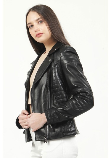 Dericlub Yb-2164 Gerçek Deri Kadın Mont Siyah