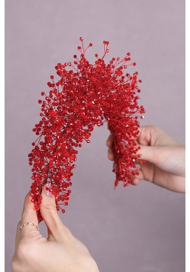 FdayAksesuar En Güzel Gelinlere Özel Kırmızı Atair Yogun Kristal Boncuklu Gelin Saç Aksesuarı FRDY31680