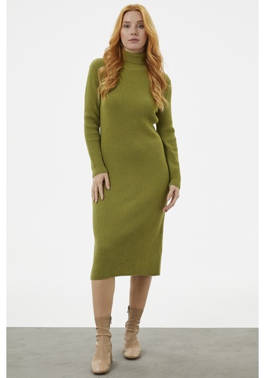 Tam Balıkçı Fitilli Midi Boy Triko Elbise - Yeşil 001