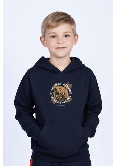 Kapüşonlu Kanguru Cepli Beear Baskı Detaylı Erkek Çocuk Sweatshirt Lacivert