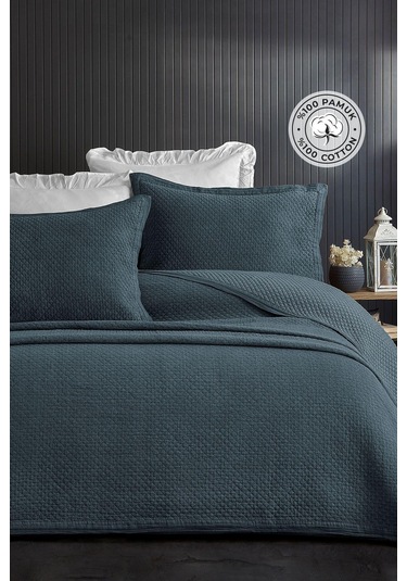 Evlen Home %100 Pamuk Çift Kişilik Özel Taş Yıkama Yatak Örtüsü Lüks Yumuşak Dayanıklı Modern Vitali Mavi