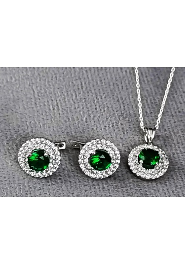 Lilahgümüştr Gümüş Yeşil Taşlı Yuvarlak Kadın Kolye Küpe