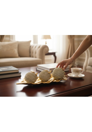 Frefly Store 3'lü Altın Taşlı Elma Dekor Seti Altın Yaprak Tabanlı