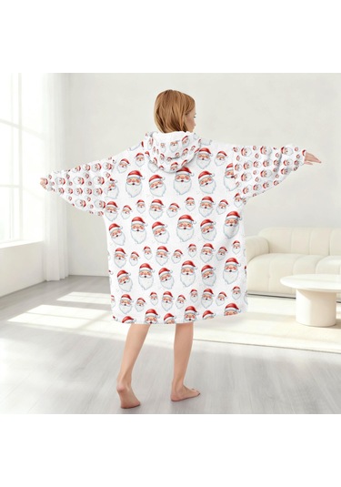 Noel Temalı 6-13 Yaş Çocuk Giyilebilir Battaniye Hoodie, Kalın Peluş, Büyük Boy-a162 Krem - Pembe