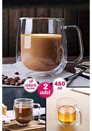 2'li Çift Cidarlı Cam Kupa Bardak 450 Ml Ev Ofis Fincanı Çift Katlı Isı Yalıtımlı Kulplu Cam Bardak